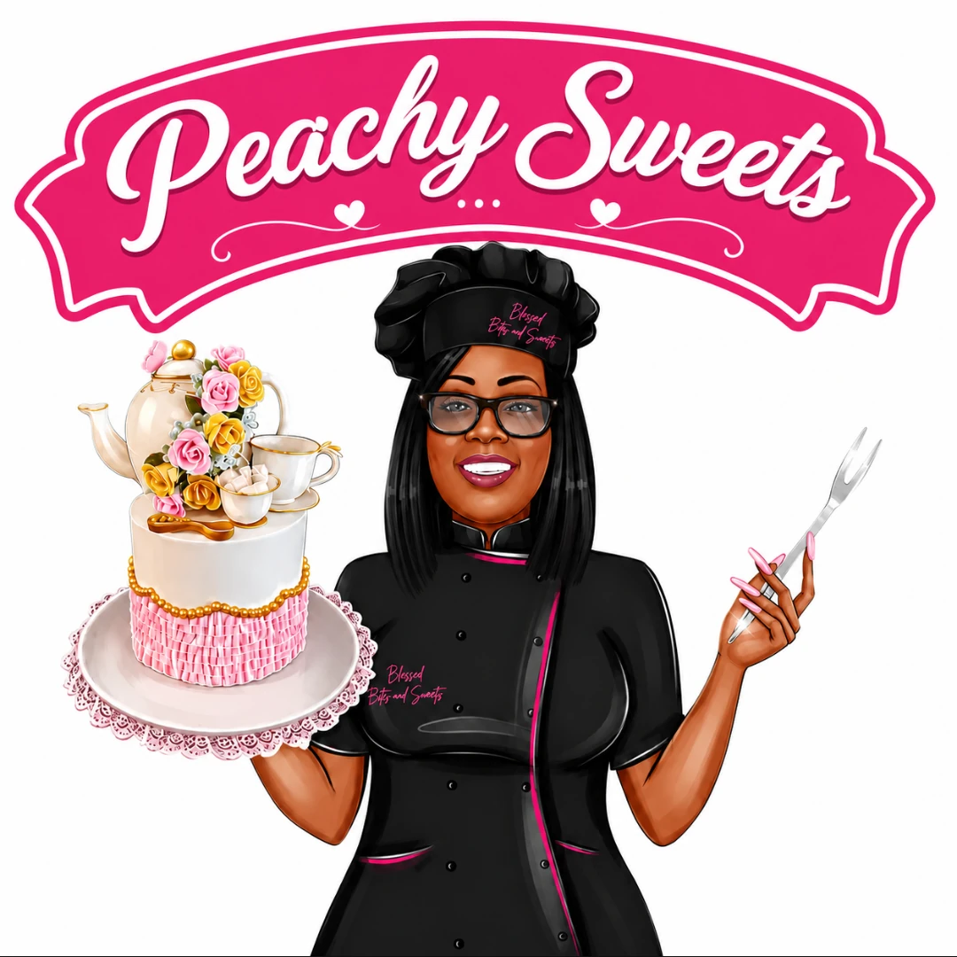 Peachy Sweets logo featuring an illustrated baker holding a teapot cake
